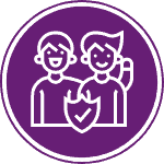 Icon of two smiling people with a shield, symbolizing friendly and trustworthy house cleaning staff.