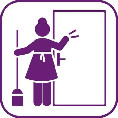 Cleaner knocks on door with broom – symbol of consistent team service.