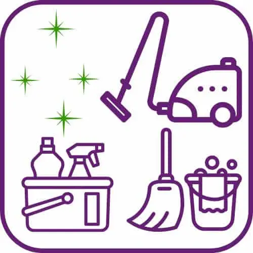 Cleaning tools icon: vacuum, mop, bucket, and sprays, symbolizing professional equipment.