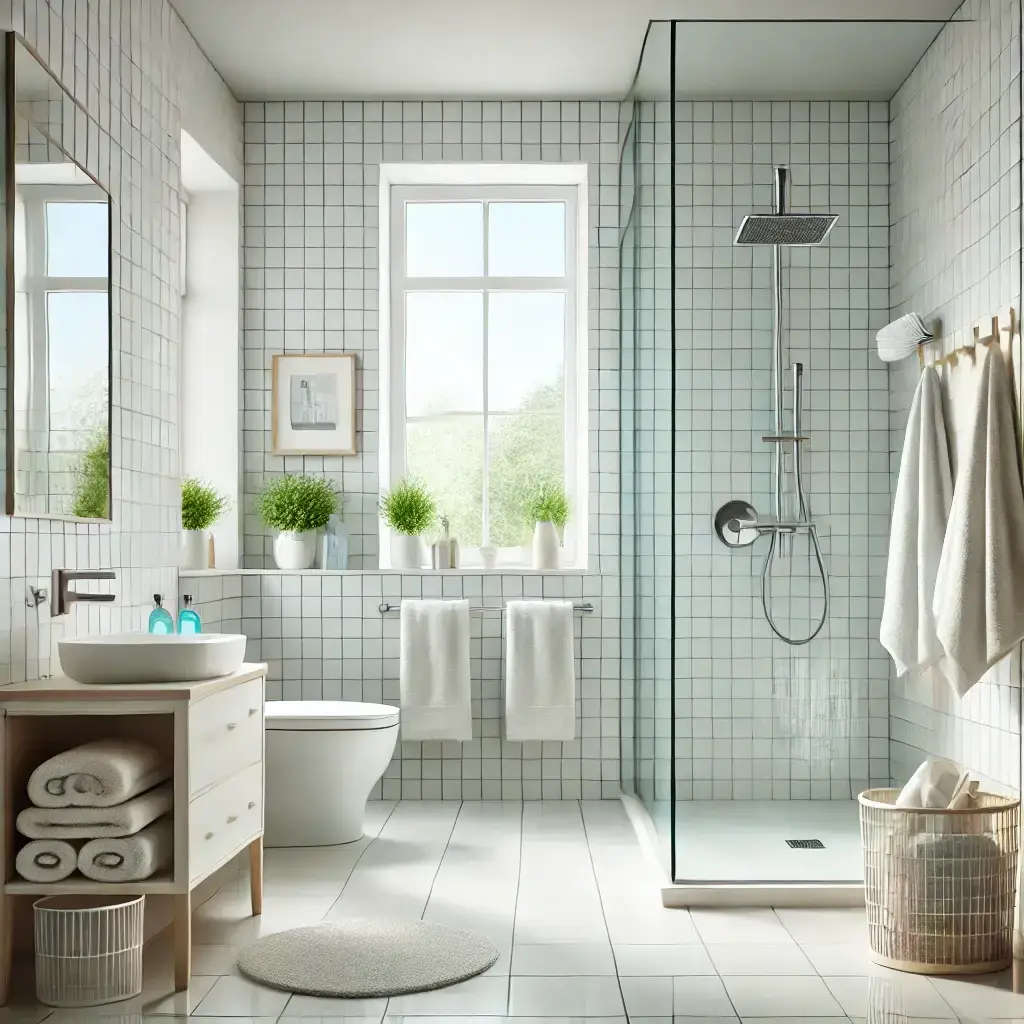 Modern bathroom with glass shower and white tiles after Easy Bliss cleaning.