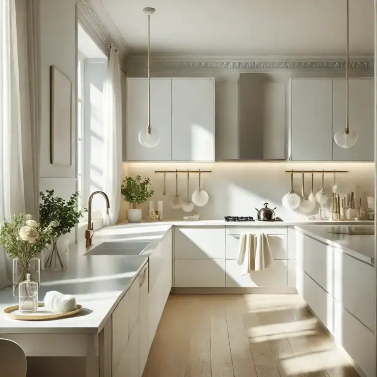 Minimalist kitchen with natural light and spotless surfaces after Easy Bliss cleaning.