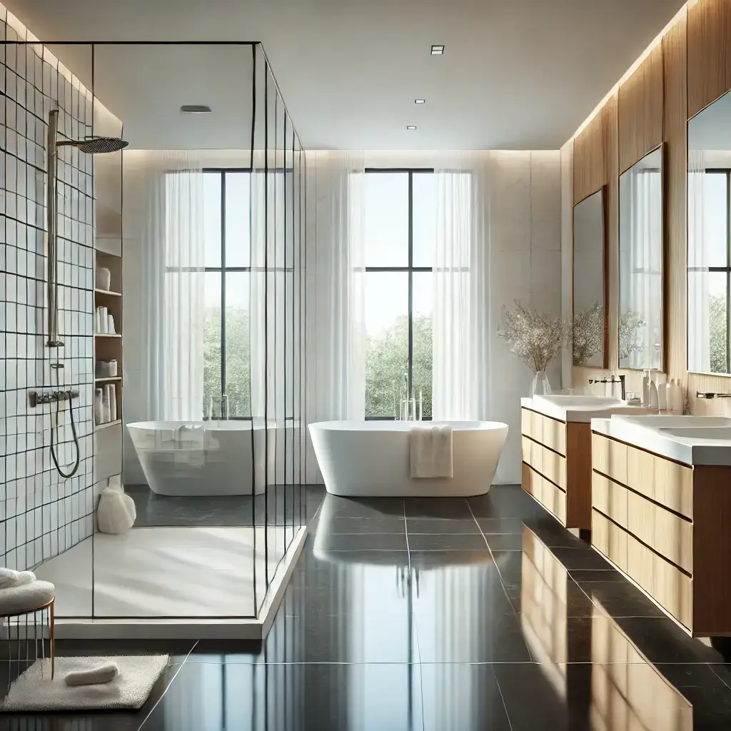 Deep-cleaned bathroom with glass shower, tub, and double vanity – Easy Bliss Brisbane.