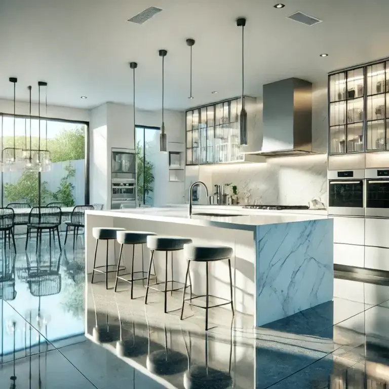 Bright modern kitchen with marble island after professional deep cleaning – Easy Bliss Brisbane