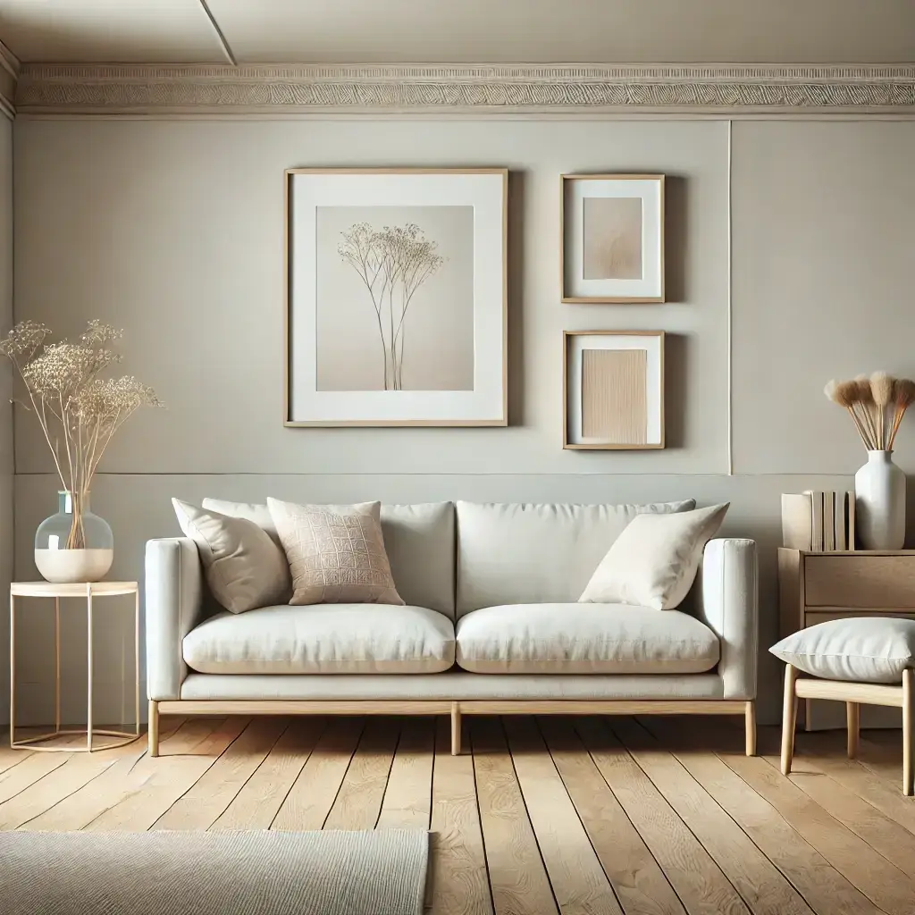 Minimal living room with clean wood floors and tidy sofa after Easy Bliss cleaning.