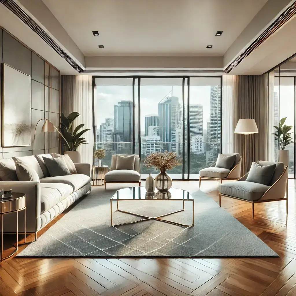 Luxurious deep-cleaned living room with city view and polished floors – Easy Bliss Brisbane