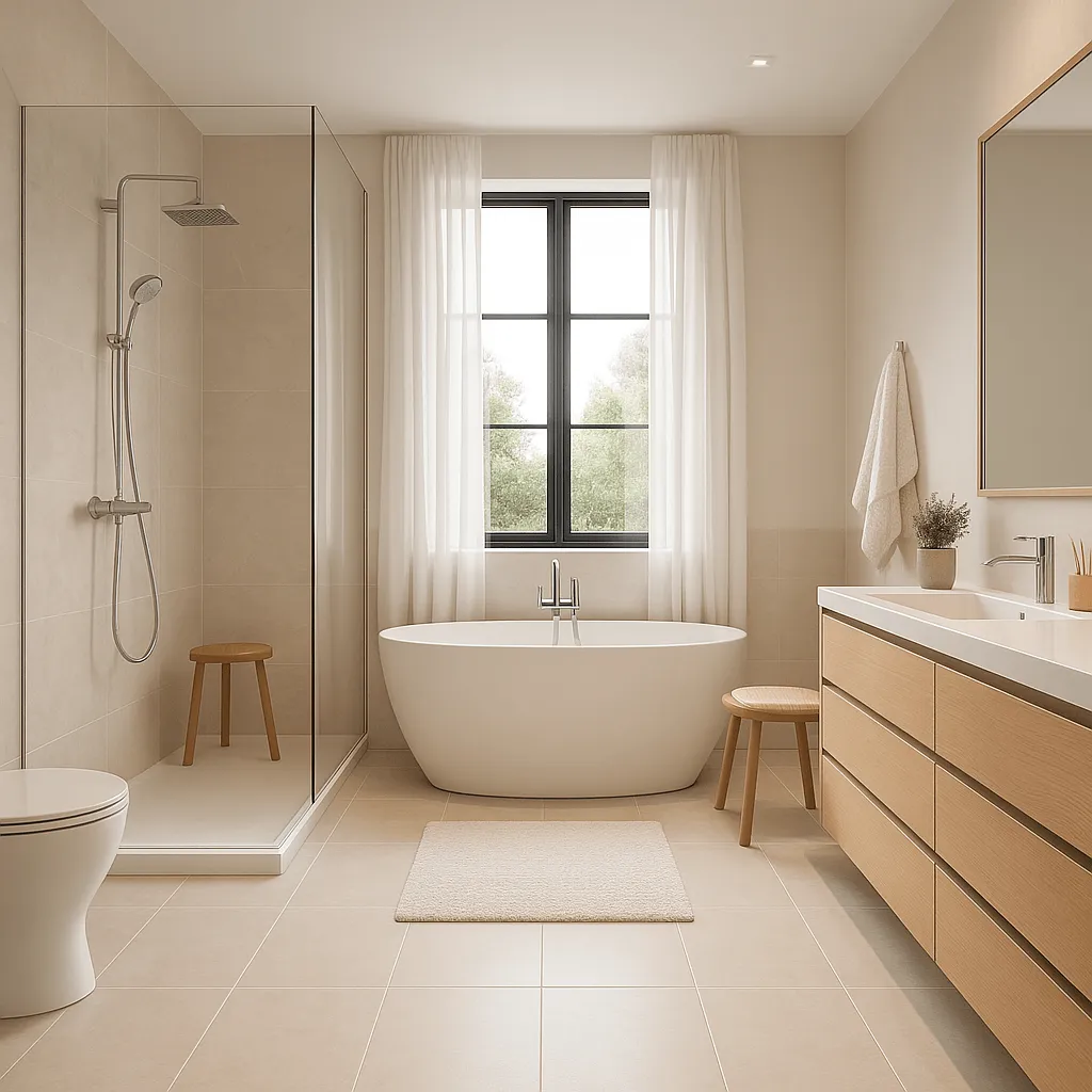 Bright bathroom with spotless tiles and glass, ideal for inspection cleaning.