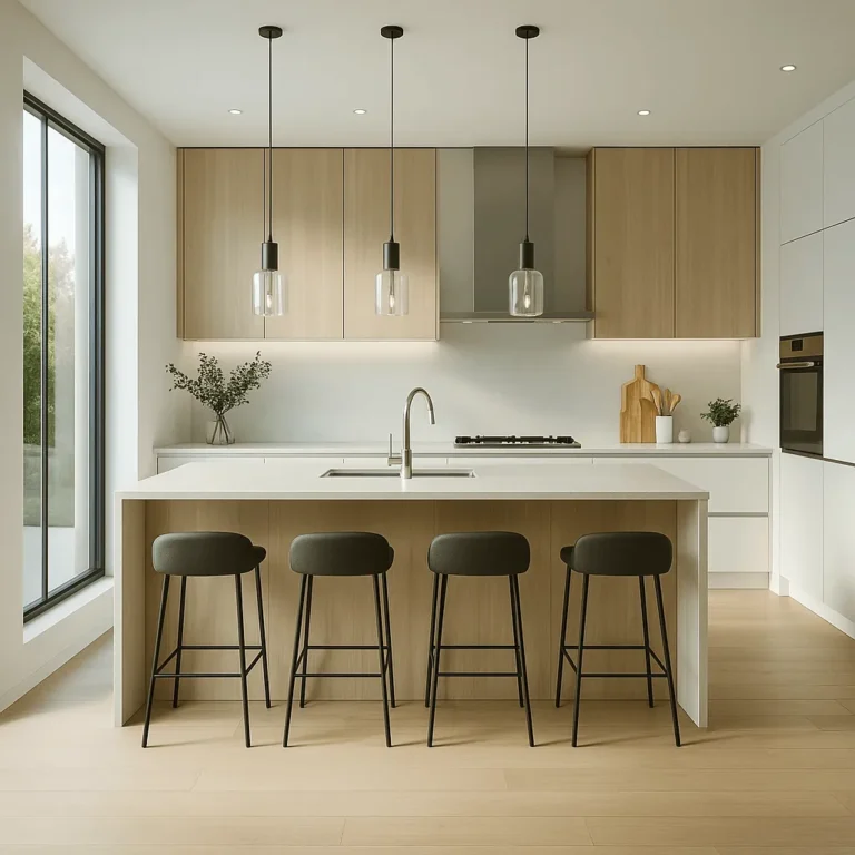 Modern kitchen ready for inspection cleaning with clean countertops and organized cabinets.