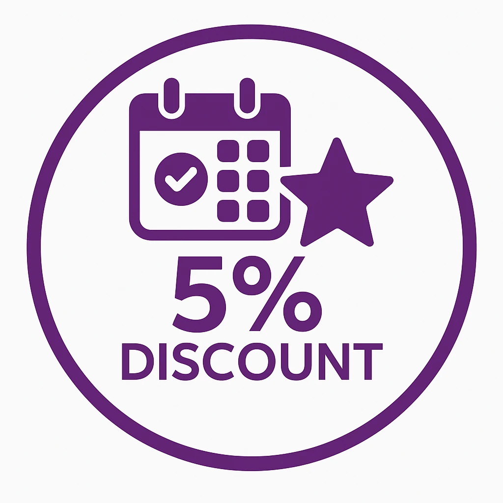 Purple calendar icon with sparkle and 5% OFF, representing fortnightly cleaning discount.
