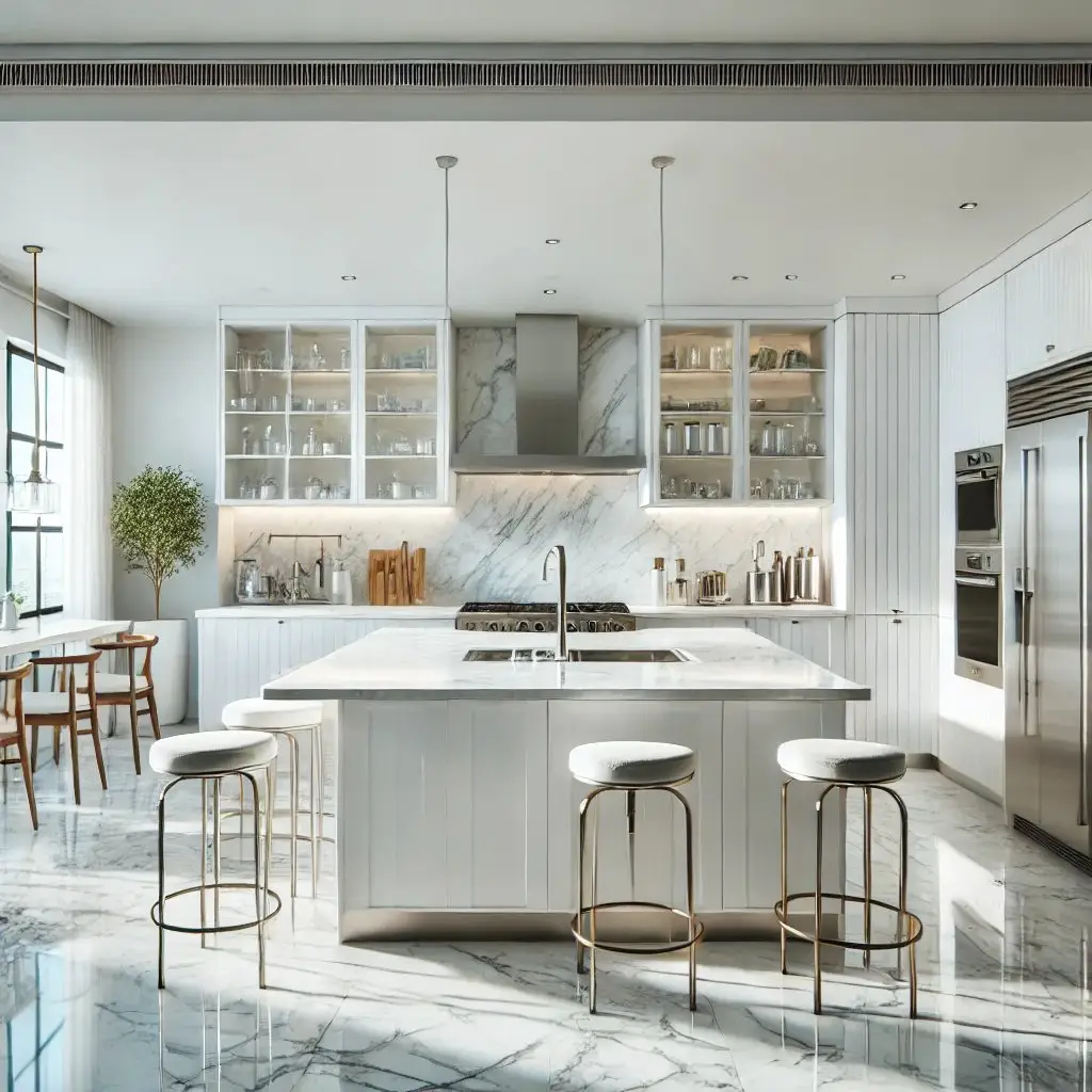 Modern white kitchen with marble flooring and island bench – Easy Bliss Brisbane