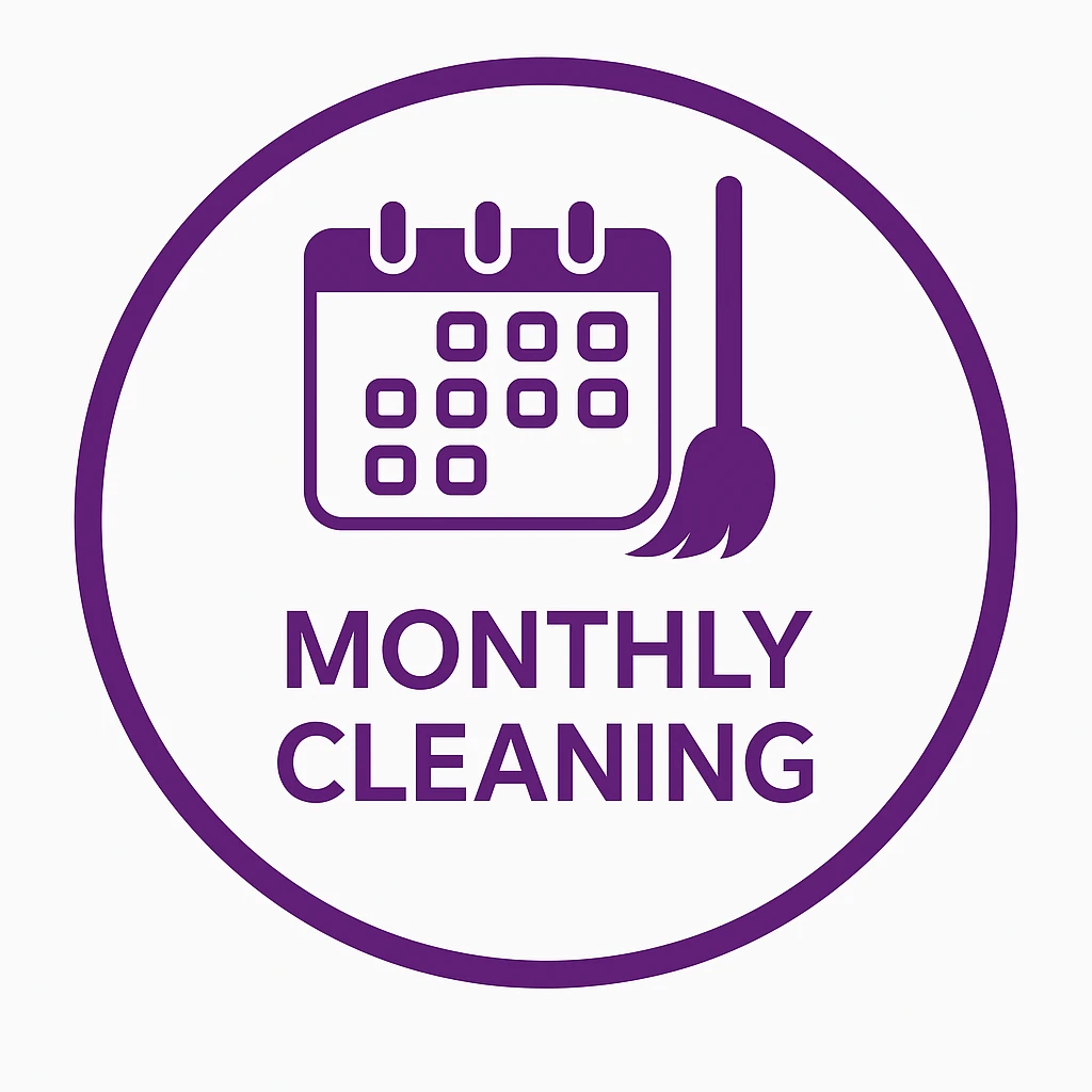 Purple calendar with month view and sparkle, representing monthly cleaning service.